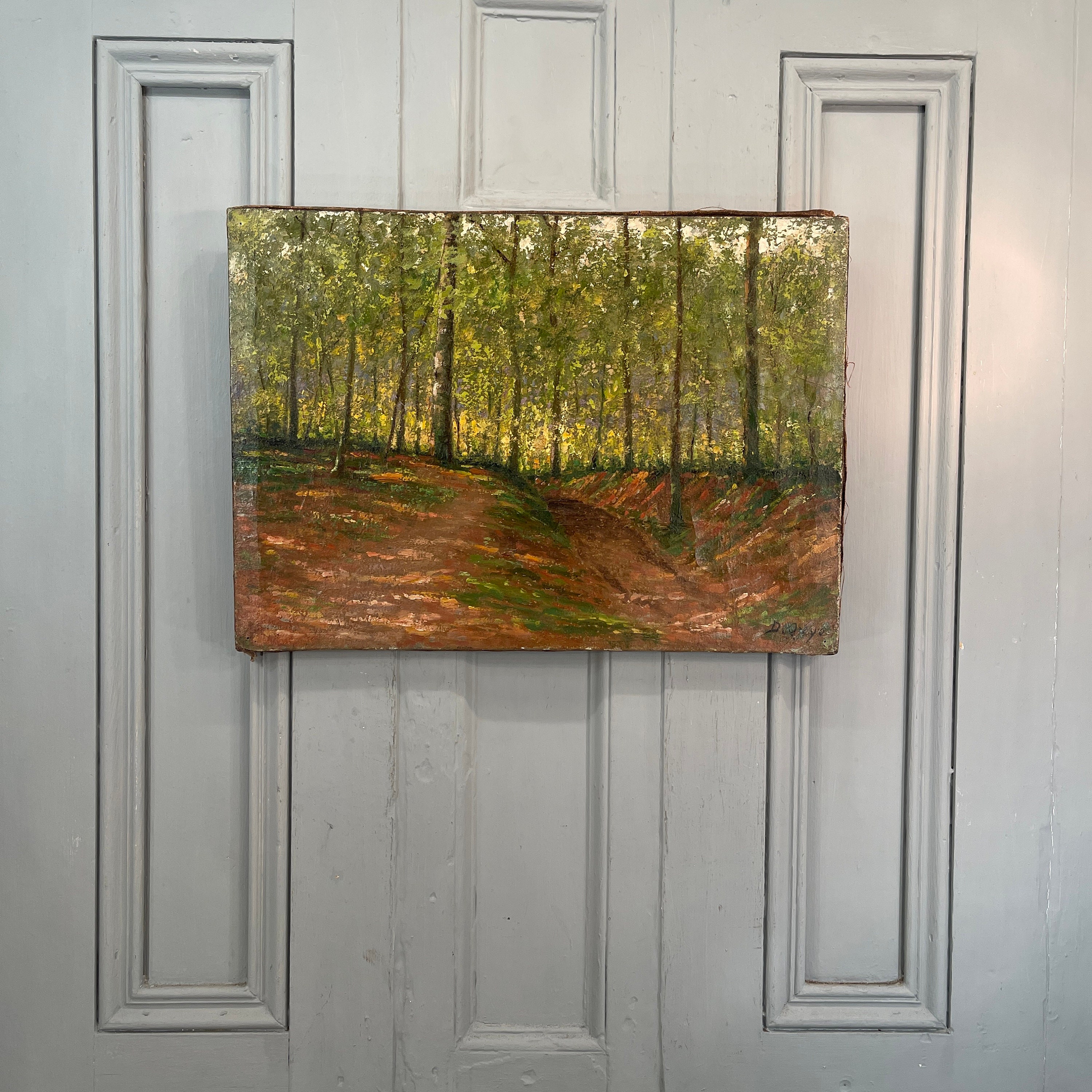 アンティークのフランス印象派風景油絵、森の中の小道習作、Quyo 署名