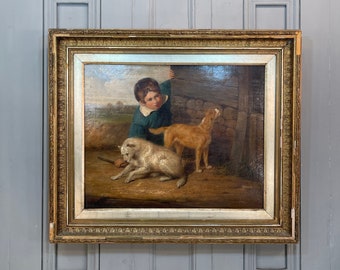 アンティークの少年と犬の油絵：1892年、額装された庭の風景 - Etsy 日本