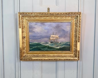 Antique French seascape oil painting of tall sailing ship signed HJ dated 1886