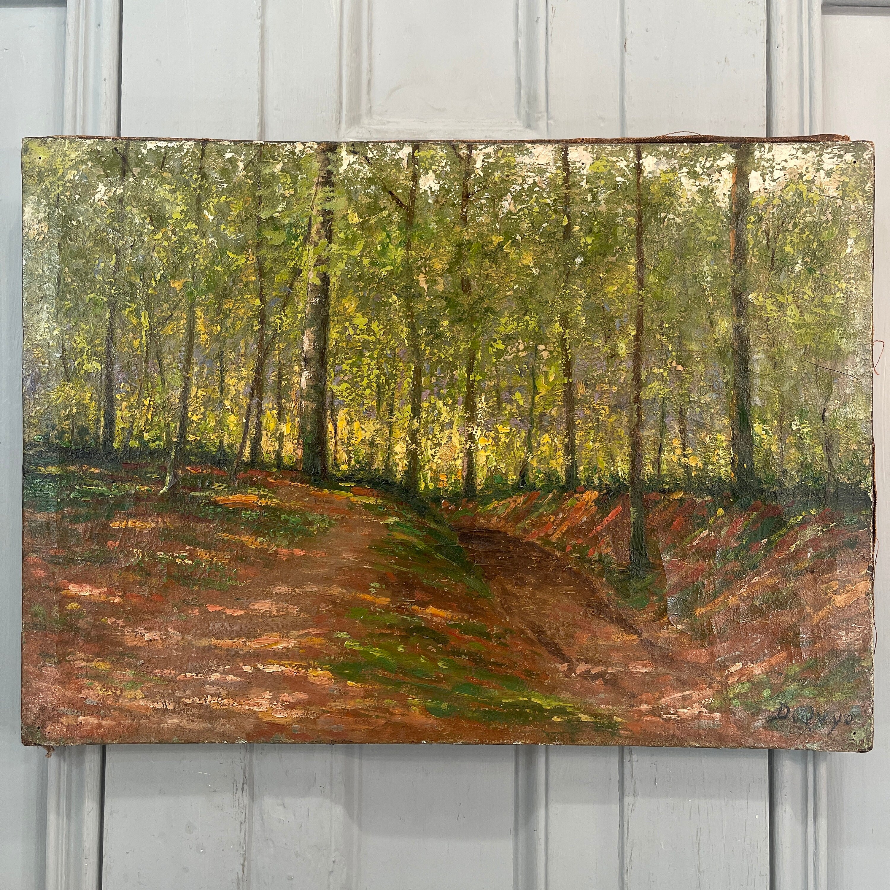アンティークのフランス印象派風景油絵、森の中の小道習作、Quyo 署名