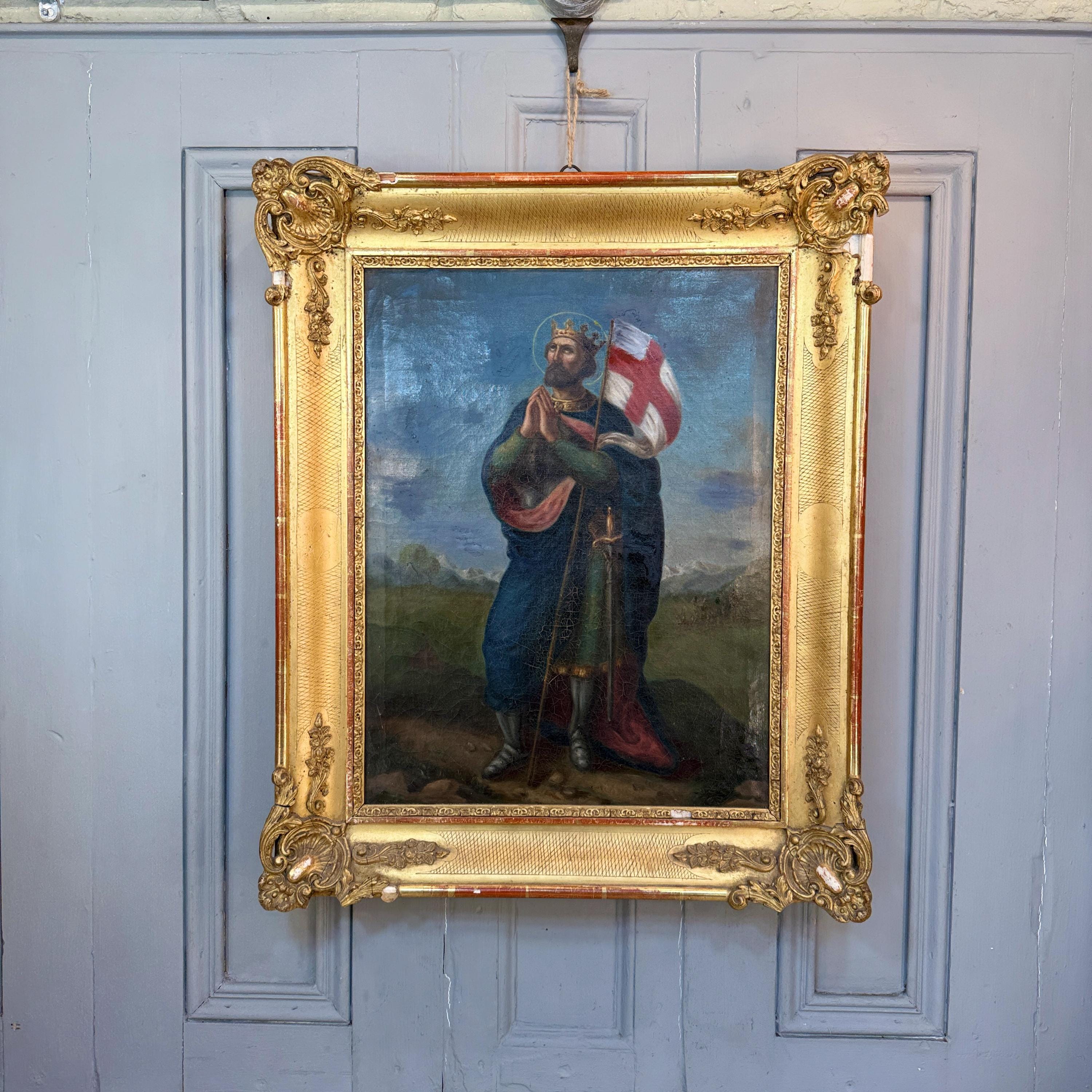 イギリス国旗を掲げた聖人のアンティークな大陸風油絵肖像画習作 