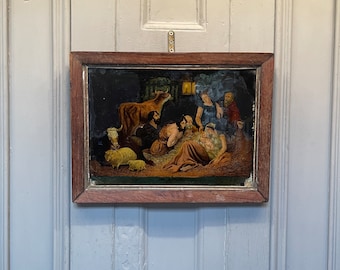 Antique Georgian oil painting on glass portrait of the Nativity