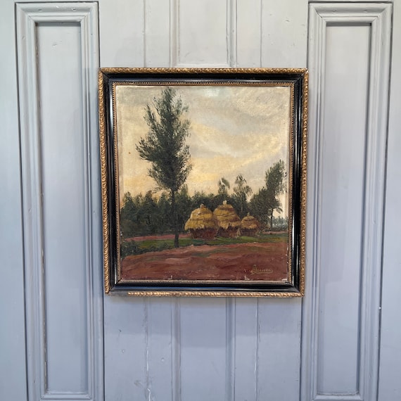 Antique Original French Oil Painting of Haystacks Antique Original French Oil Painting of Haystacks