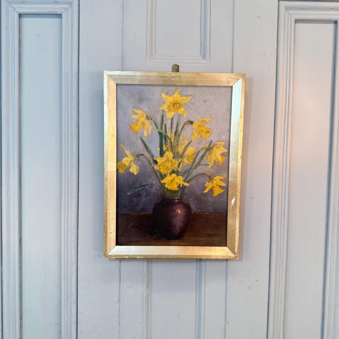Antique Oil Painting Still Life Study of Vase of Daffodils Signed M ...