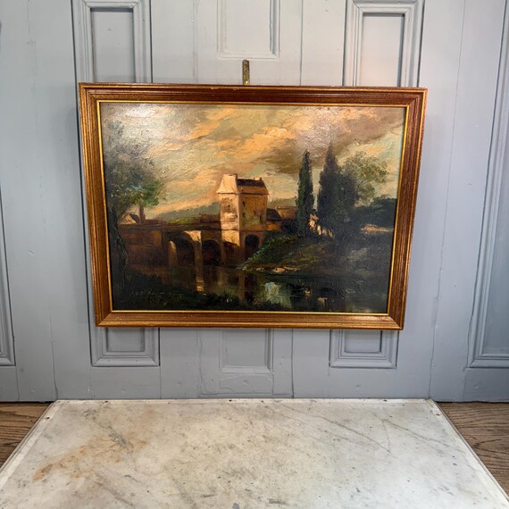 絵画　ヨーロッパの風景　フランスでの購入品 アンティークヴィンテージの署名入り、フランスのポスト印象派による川