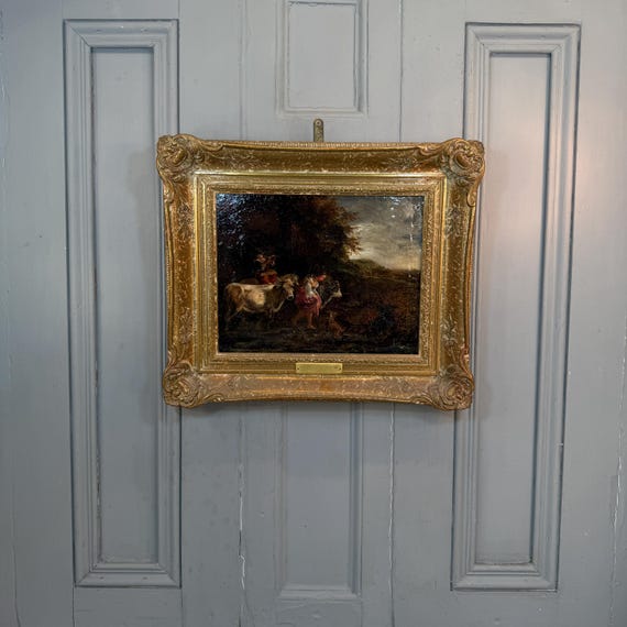 アンティークオランダ風景油絵：牛追いをするメイドと少年、ニコラース