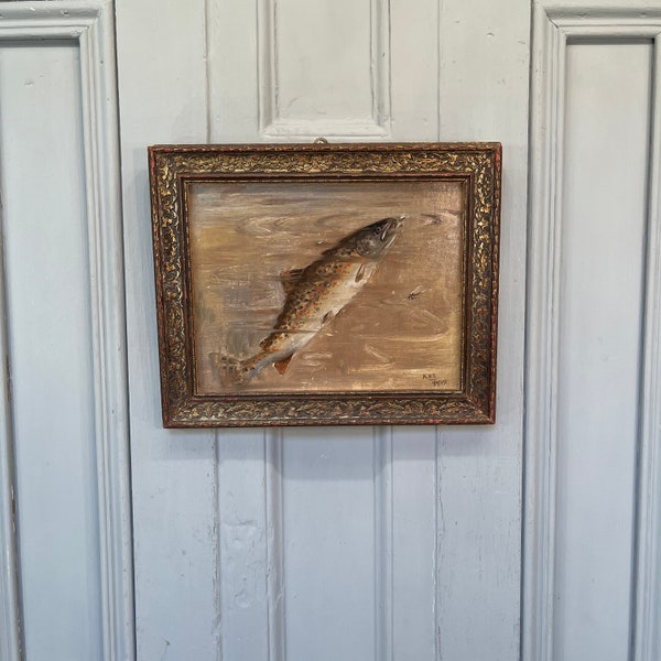 Antique oil painting study of a brown trout rising to take a fly by Keith Shackleton 1937