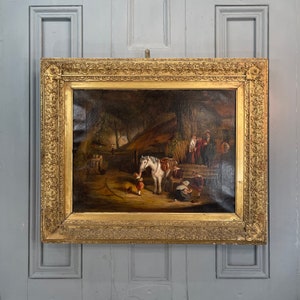 Pintura al óleo de un antiguo paisaje fluvial georgiano: Escuela inglesa, escena de ponis