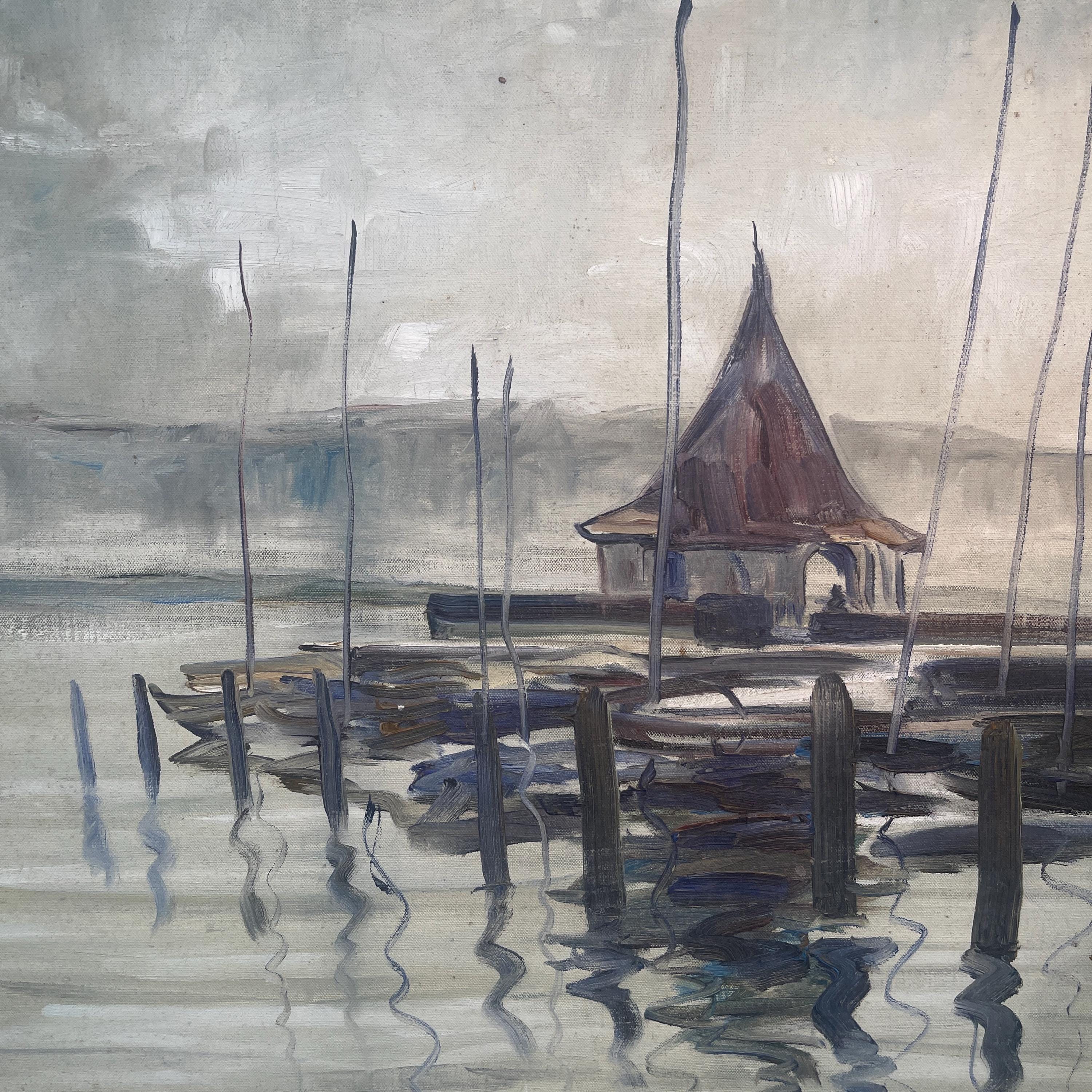 Vintage French Impressionist Oil Painting of Lake Scene With