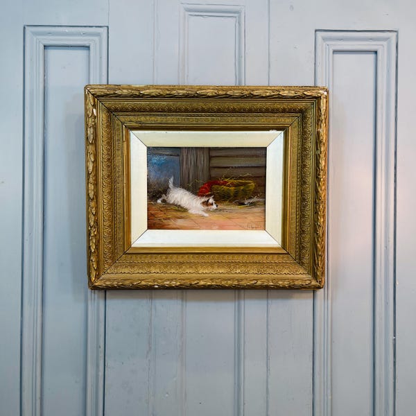 Antique Victorian Oil Painting: Terrier Dog Chasing Rat, Signed J Langlois