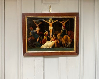 Antique Georgian oil painting on glass portrait of Christ's Crucifixion