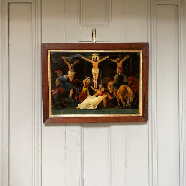 Antique Georgian oil painting on glass portrait of Christ's Crucifixion