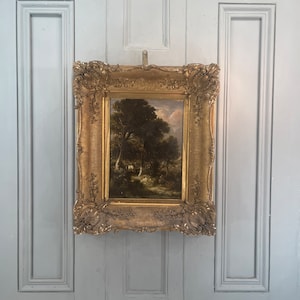 Antique landscape oil painting study of horsedrawn cart in the woods by James Stark