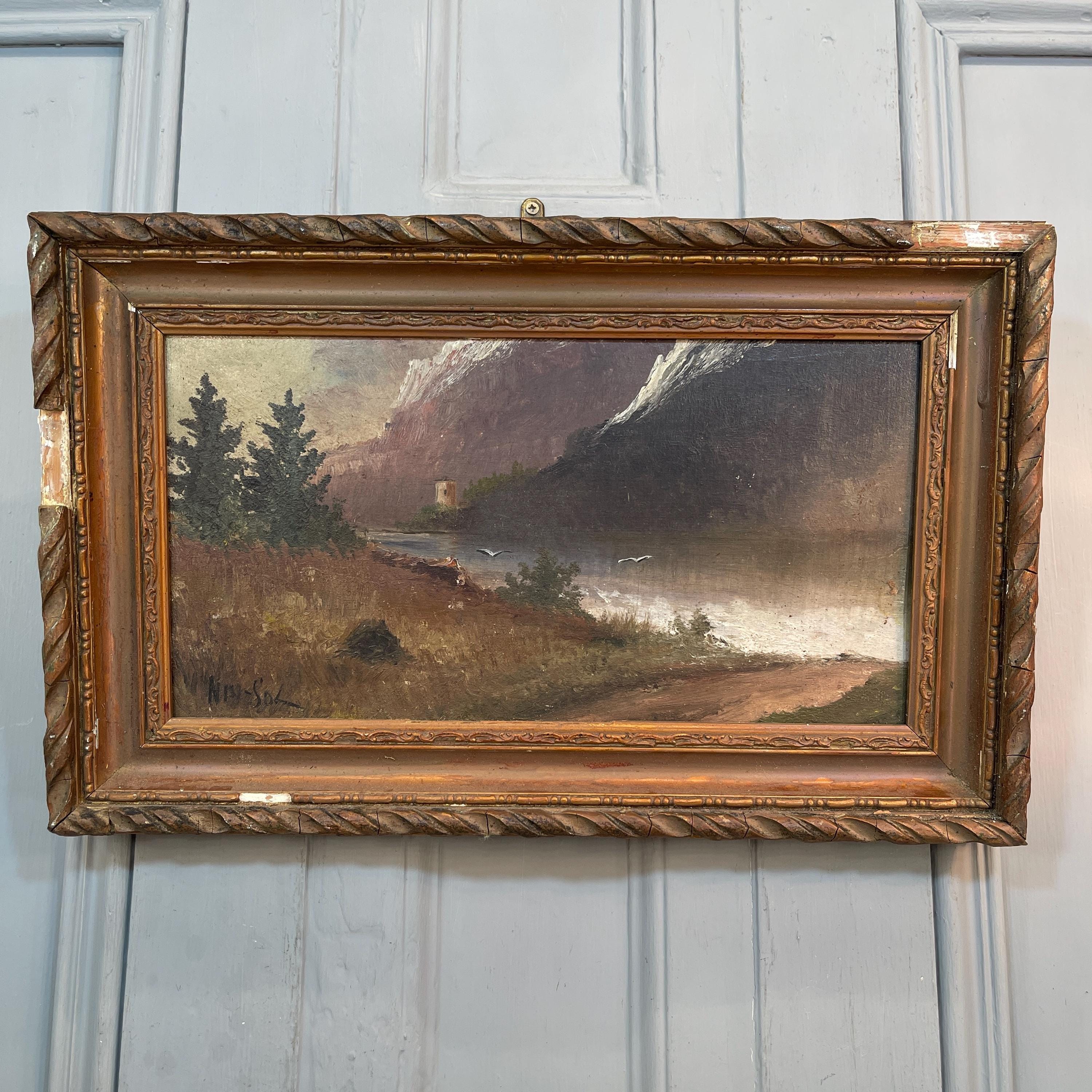 Antique French signed impressionist landscape painting of lake and
