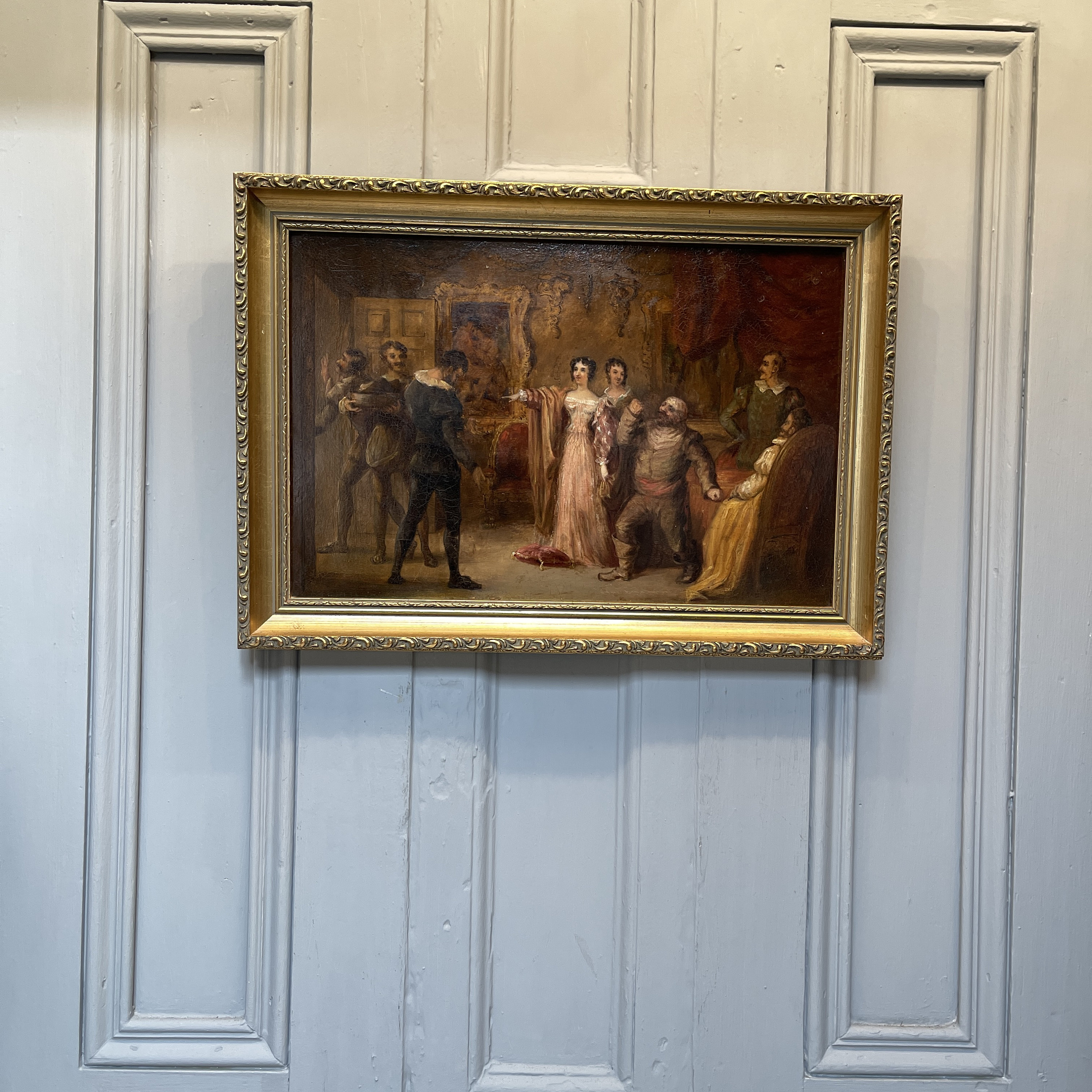 アンティークジョージアン油絵：ドン・キホーテの場面、金箔額縁