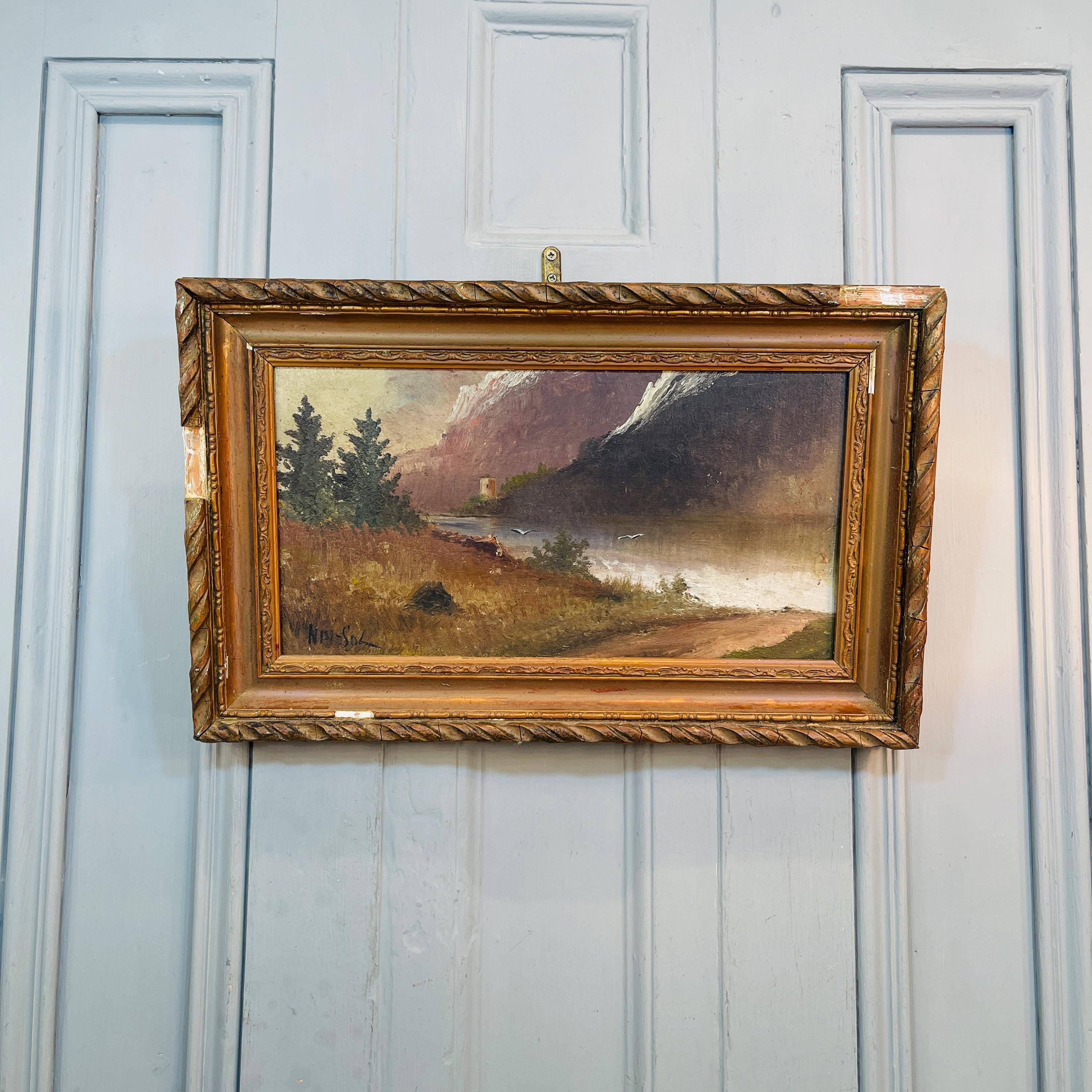 Antique French signed impressionist landscape painting of lake and
