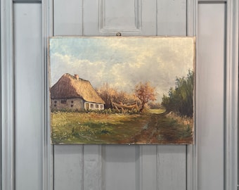 Antique signed Dutch Impressionist landscape oil painting of cottage and boat