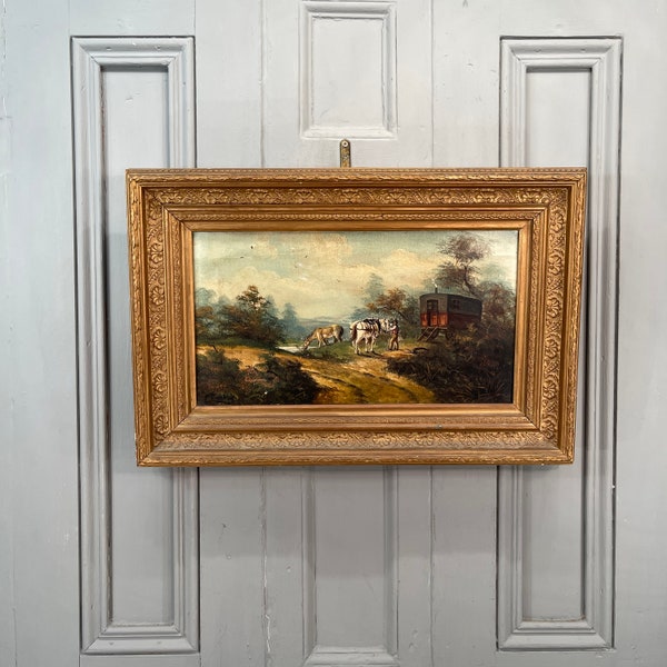 Antique landscape oil painting study of gypsy caravan and horses signed H Granland