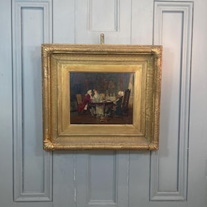 Antique Victorian oil painting study of aristocratic parlour scene