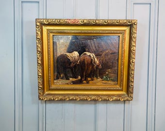 Antique Dutch Flemish oil painting study of horses in stable