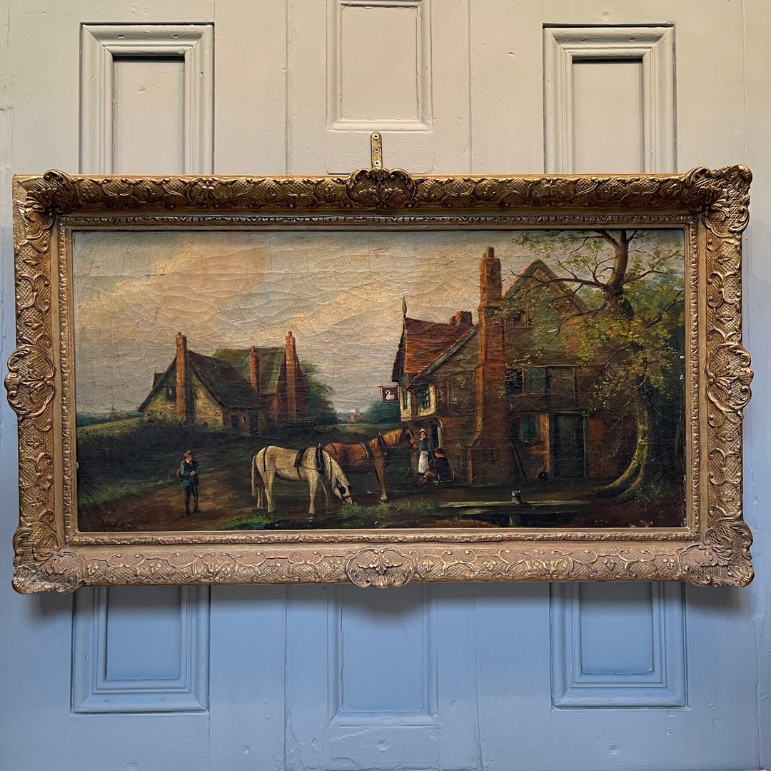 SOLD to Shea Large Antique Oil Painting Study of an Inn and Horses Etsy