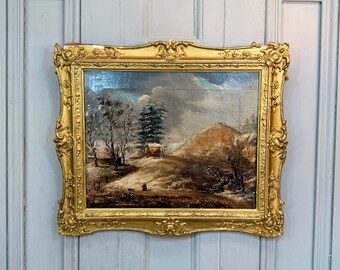 Estudio de pintura al óleo antigua holandesa de un paisaje invernal nevado con colina y cabaña.