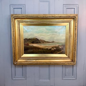 Large antique Scottish coastal landscape oil painting with sheep (2 of 2)
