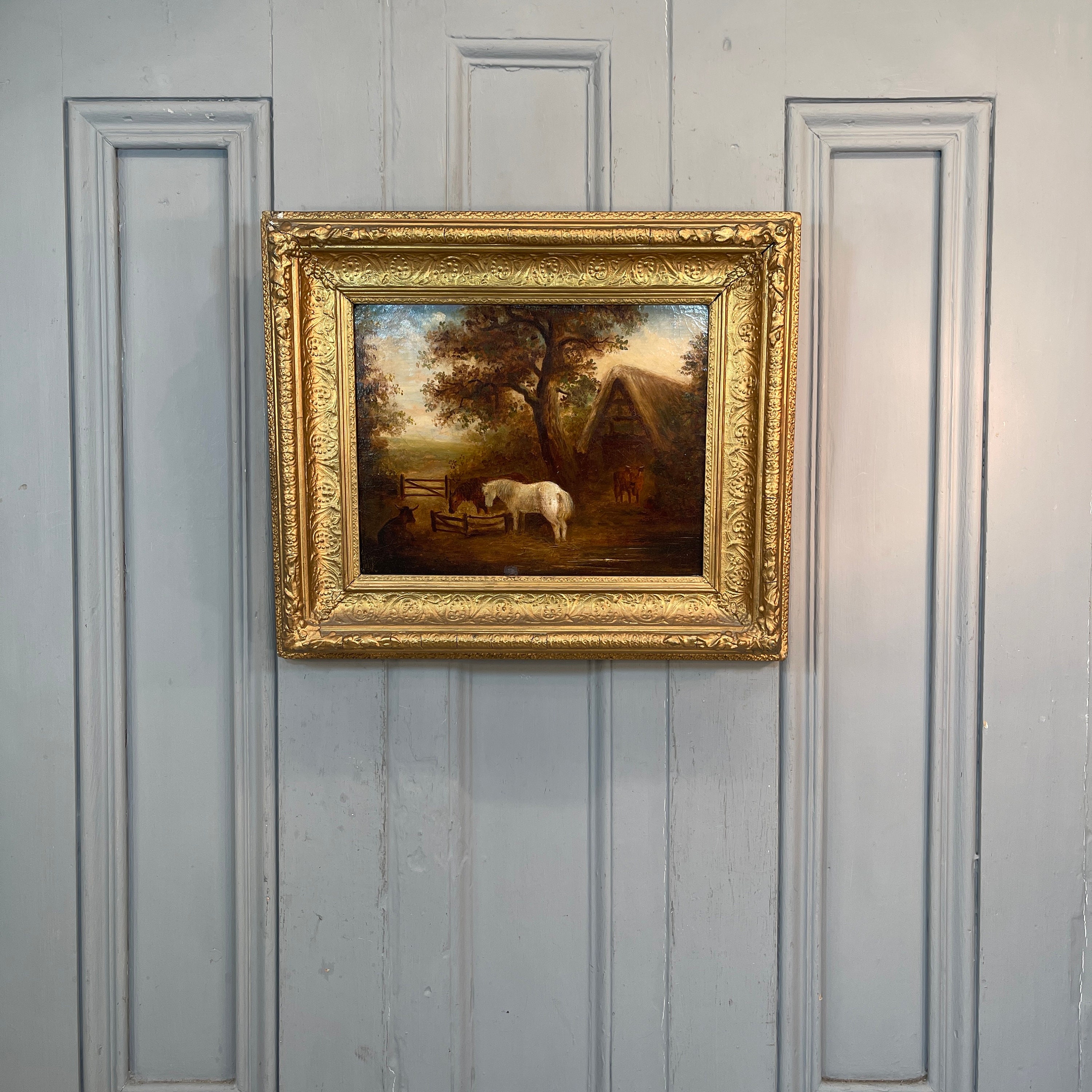 Antique Landscape Oil Painting of Farm Scene With Horses and Cows - Etsy