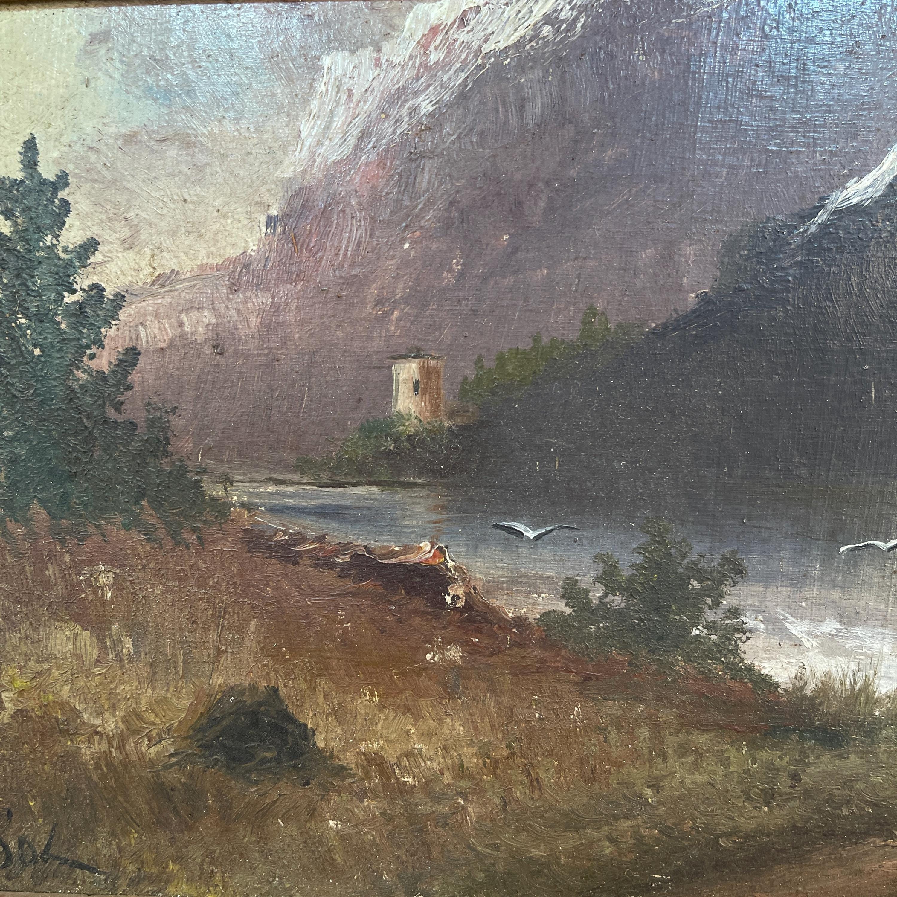 Antique French signed impressionist landscape painting of lake and