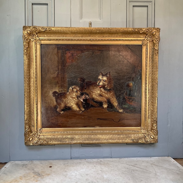 Large antique Victorian oil painting study of terrier dogs catching a rat (1 of 2)