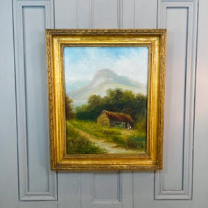 Antique Scottish landscape oil painting of cottage and mountains signed EJ Bladon