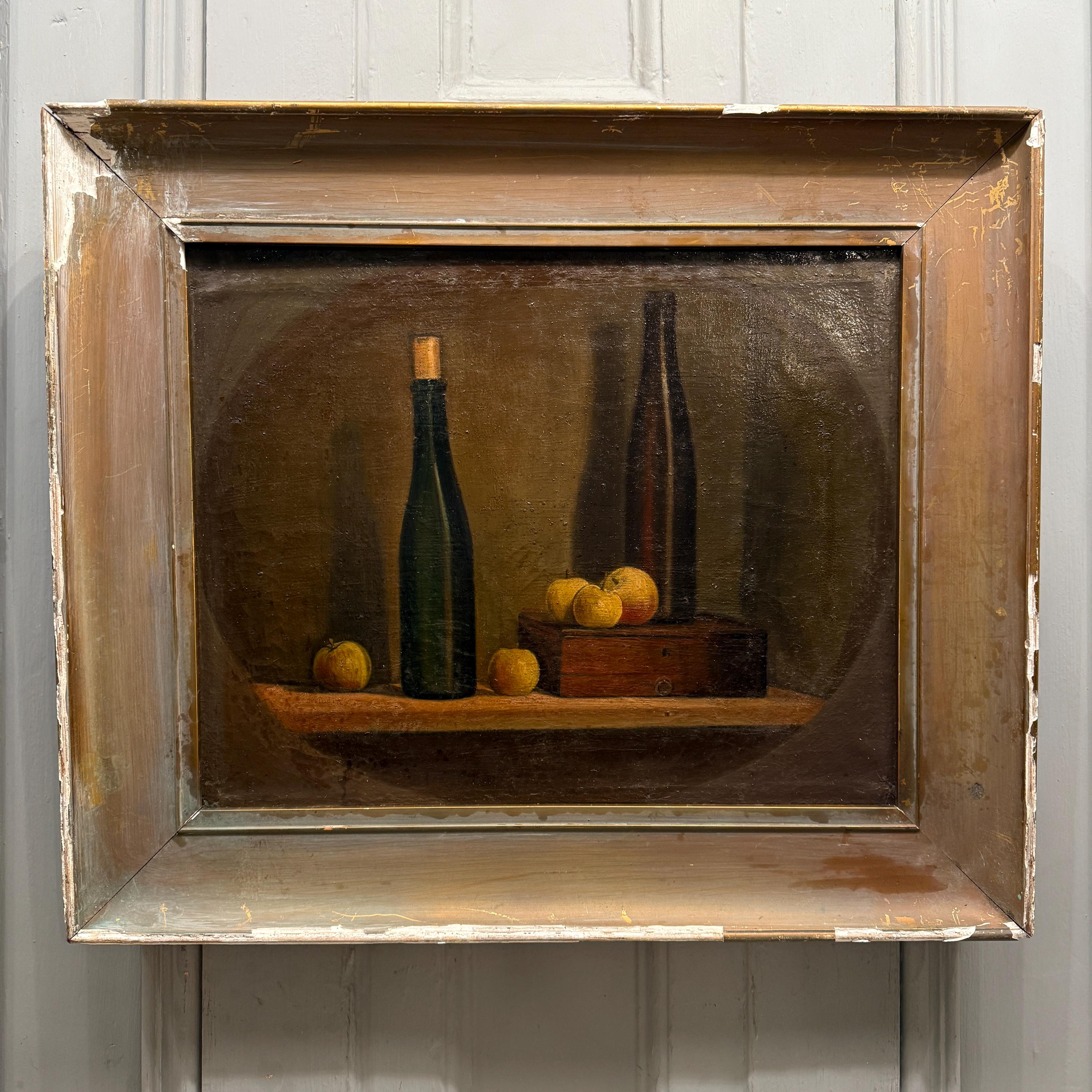 ボトルとリンゴを描いたアンティークの静物油絵 - Etsy 日本