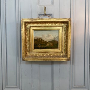 Antieke olieverfschilderij van boerenjongen, hond, ezel, schaap en koe