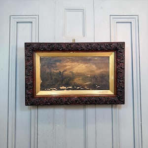 Antique river landscape oil painting of windswept wilderness
