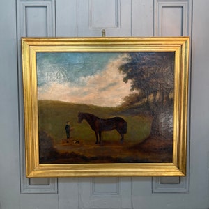 Large antique Georgian landscape oil painting study of man with horse and dogs