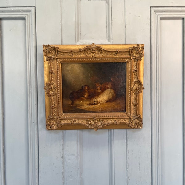 Antique Victorian oil painting portrait study of terrier dogs investigating a rat hole (1 of 2)