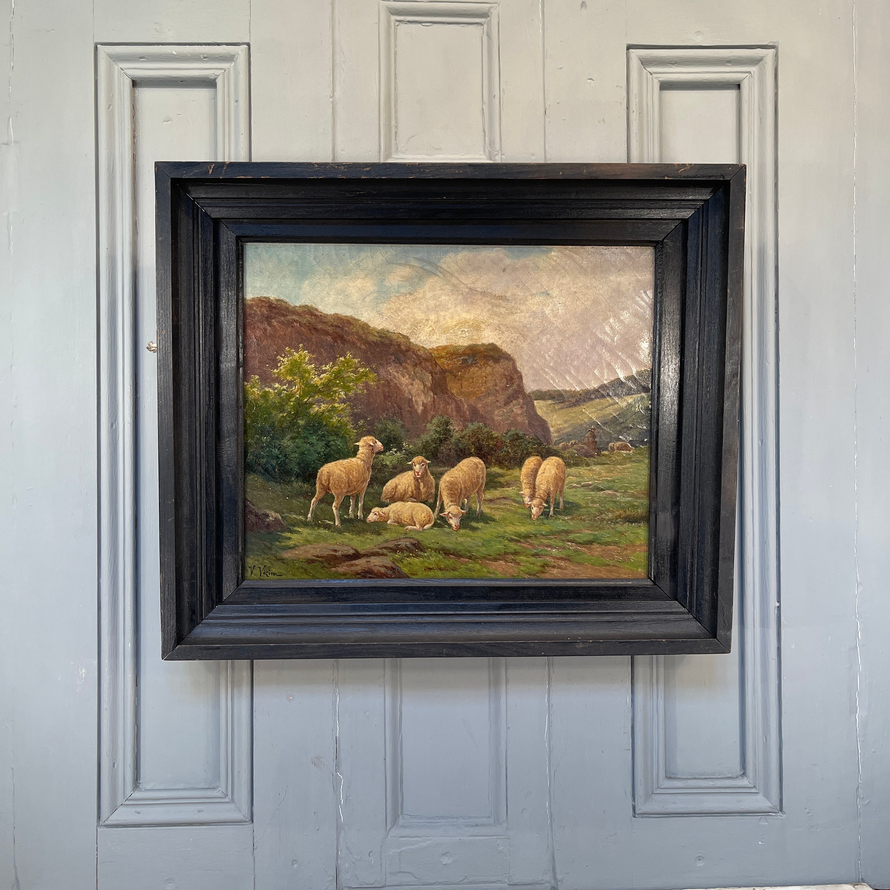 Antique French landscape oil painting study of sheep signed V Veziere