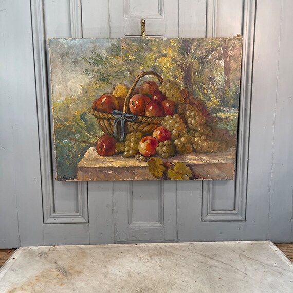 アンティークフランスの静物油絵：果物かご - Etsy 日本