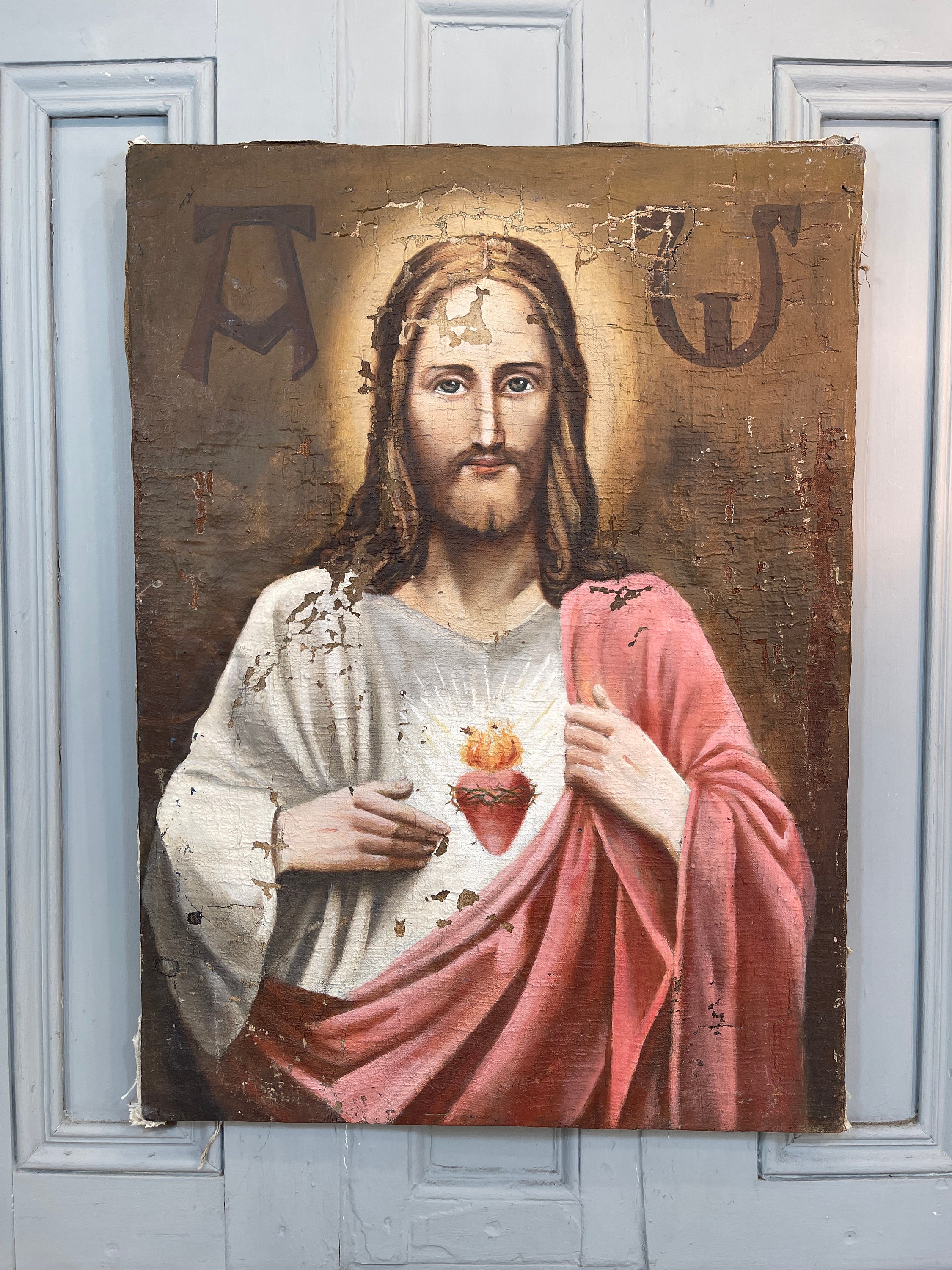 Antique Spanish oil painting portrait of Christ