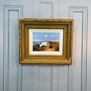Antique Victorian Oil Painting: Terrier Dog Chasing Rabbit, Signed J Langlois