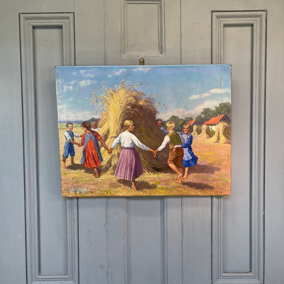 Antique Vintage German Rural Landscape Oil Painting of Children at Play ...