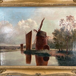 Antique Norwich School river landscape oil painting with windmill and sailing boats image 3
