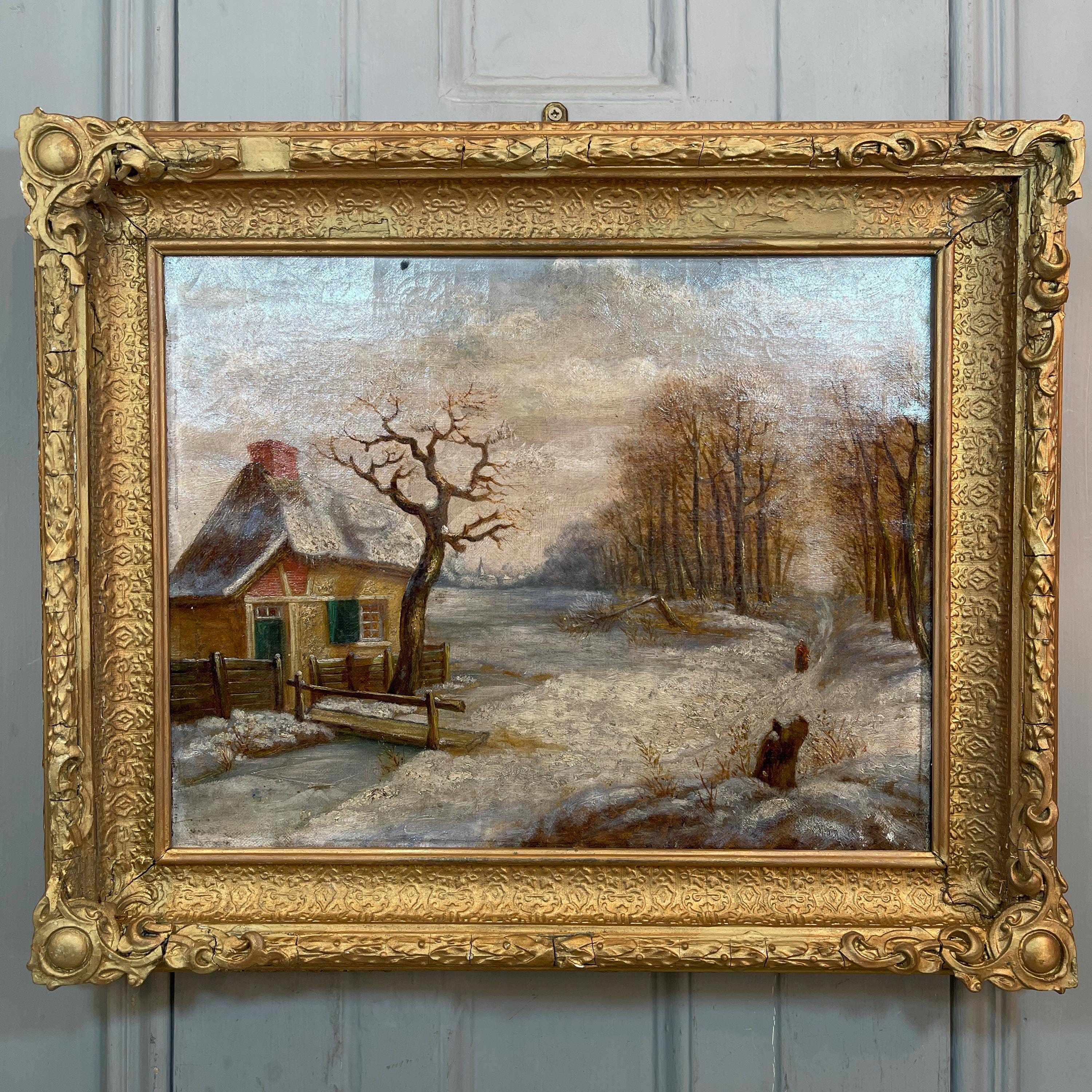 アンティークのフランス風景油絵、冬の雪景色とコテージの習作 - Etsy 日本