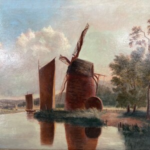 Antique Norwich School river landscape oil painting with windmill and sailing boats image 4