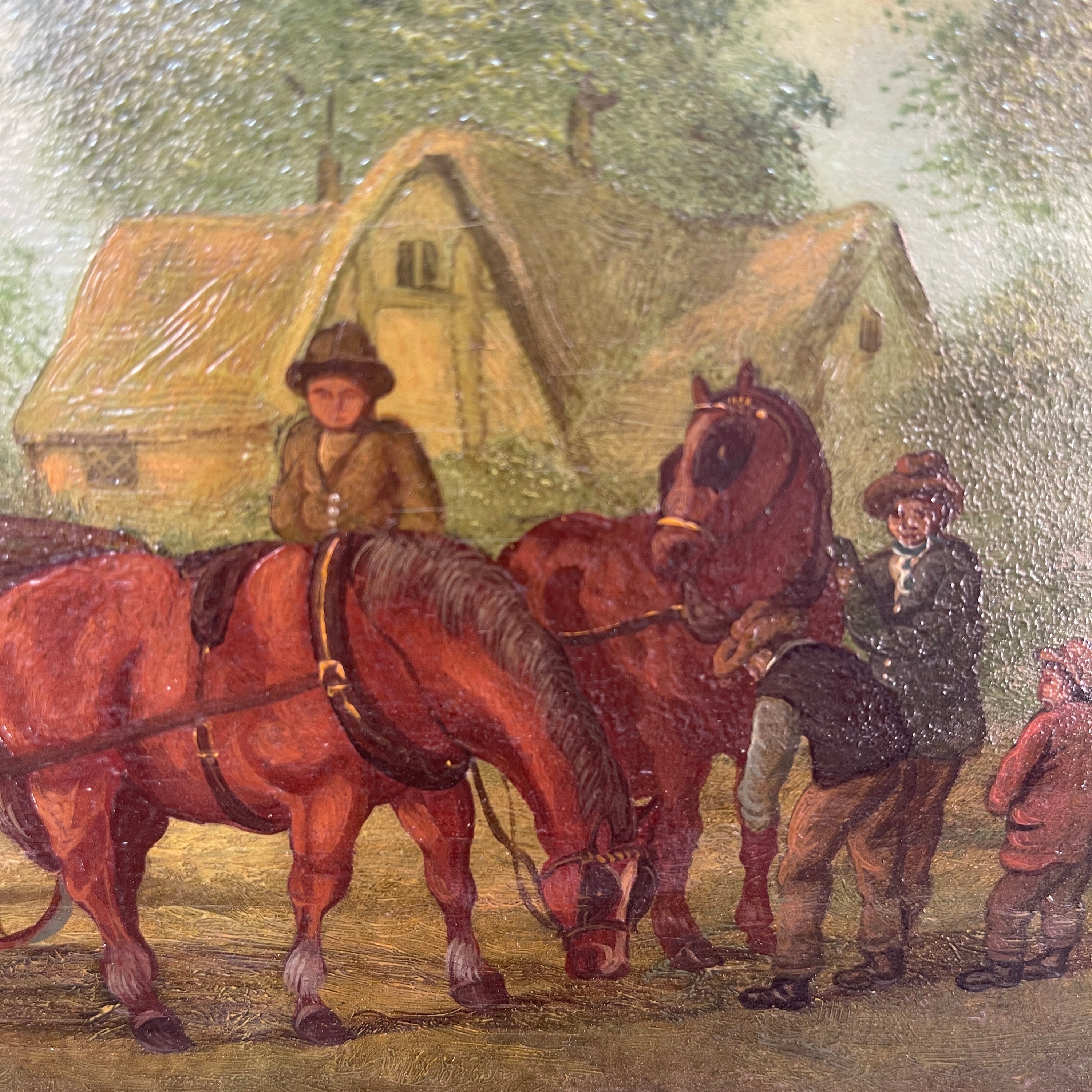ジェッソフレームに入ったアンティークの風景油絵。馬と荷馬車の