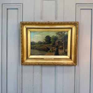 Antique river landscape oil painting of The Watermill signed F W Watts