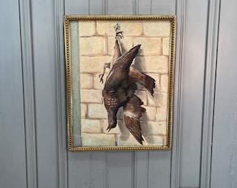 Antique vintage French still life oil painting study of hanging game birds signed Edg Sandron