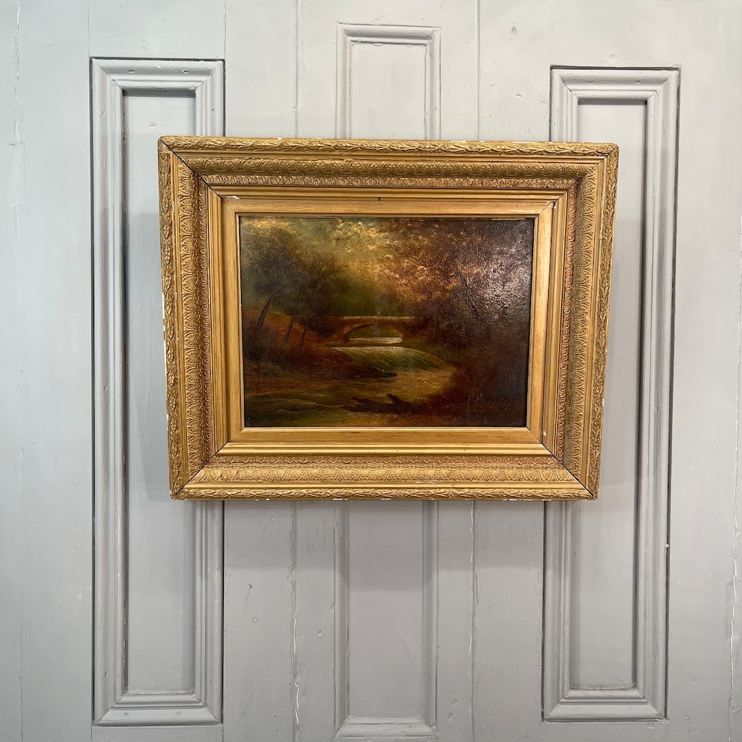 Antique Victorian River Landscape Oil Painting of a Stone Bridge and ...