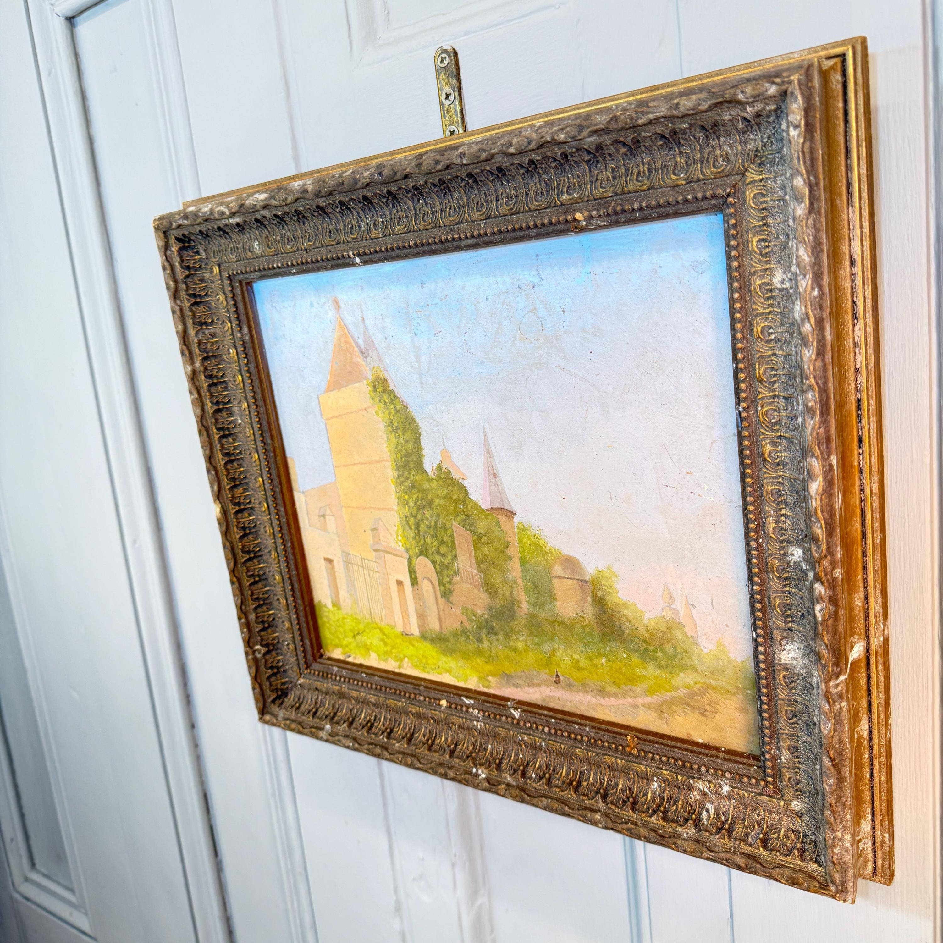 田舎の塔のある別荘を描いたフランスのアンティーク風景油絵習作