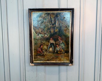 Retrato de niños jugando, pintura al óleo victoriana antigua
